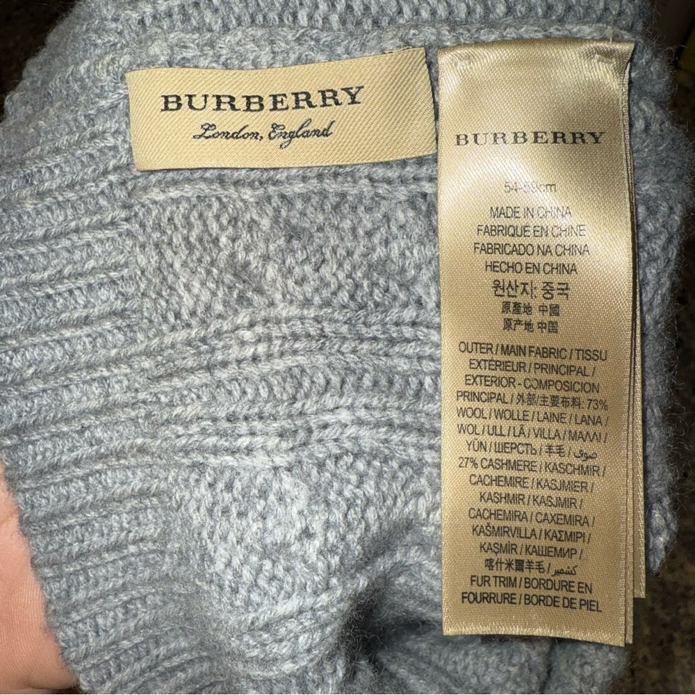 BURBERRY Fur Pom Pom Wool and Cashmere Beanie Grey Pink Purple 54-59cm - Picture 5 of 5